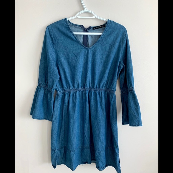 Denim Chambray Dress bell long sleeve denim dress - Picture 2 of 6
